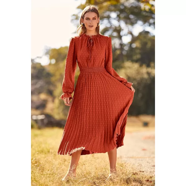 imagePRETTYGARDEN Womens 2023 Fall Midi Dress Casual Long Sleeve V Neck Swiss Dot Pleated A Line Flowy DressesBrick Red
