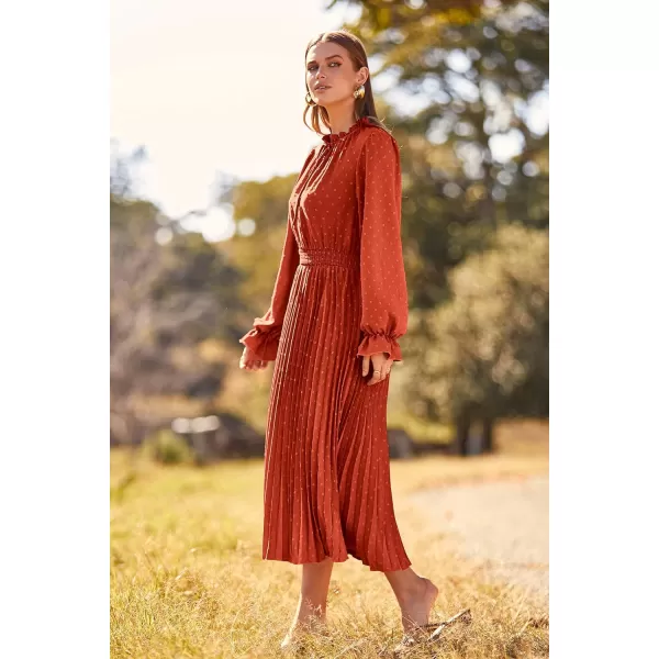 imagePRETTYGARDEN Womens 2023 Fall Midi Dress Casual Long Sleeve V Neck Swiss Dot Pleated A Line Flowy DressesBrick Red