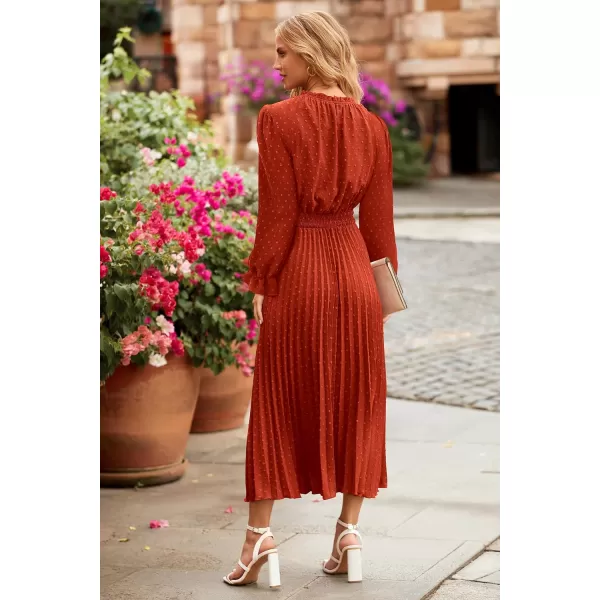imagePRETTYGARDEN Womens 2023 Fall Midi Dress Casual Long Sleeve V Neck Swiss Dot Pleated A Line Flowy DressesBrick Red