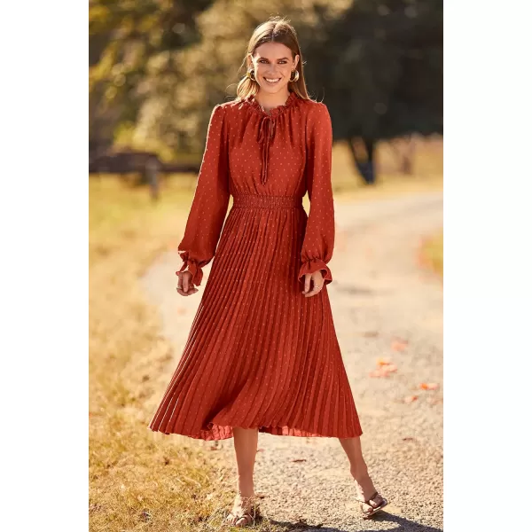 imagePRETTYGARDEN Womens 2023 Fall Midi Dress Casual Long Sleeve V Neck Swiss Dot Pleated A Line Flowy DressesBrick Red