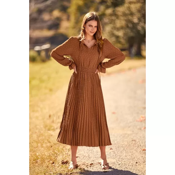 imagePRETTYGARDEN Womens 2023 Fall Midi Dress Casual Long Sleeve V Neck Swiss Dot Pleated A Line Flowy DressesBrown