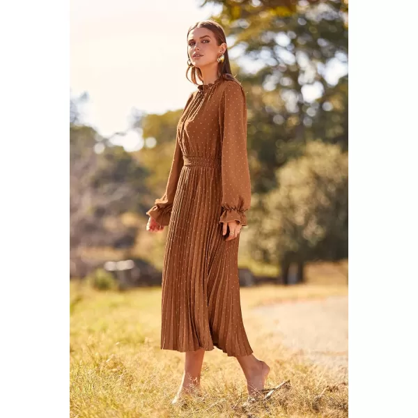 imagePRETTYGARDEN Womens 2023 Fall Midi Dress Casual Long Sleeve V Neck Swiss Dot Pleated A Line Flowy DressesBrown