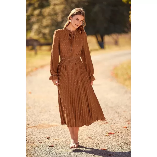 imagePRETTYGARDEN Womens 2023 Fall Midi Dress Casual Long Sleeve V Neck Swiss Dot Pleated A Line Flowy DressesBrown