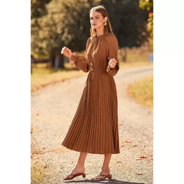 imagePRETTYGARDEN Womens 2023 Fall Midi Dress Casual Long Sleeve V Neck Swiss Dot Pleated A Line Flowy DressesBrown