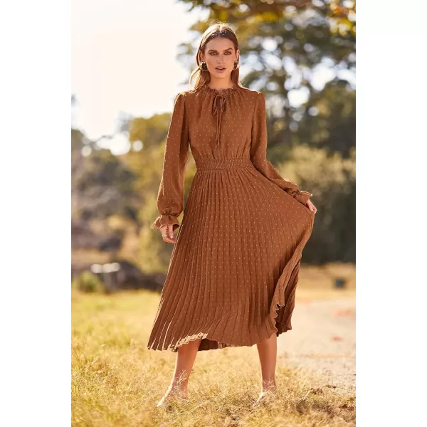 imagePRETTYGARDEN Womens 2023 Fall Midi Dress Casual Long Sleeve V Neck Swiss Dot Pleated A Line Flowy DressesBrown