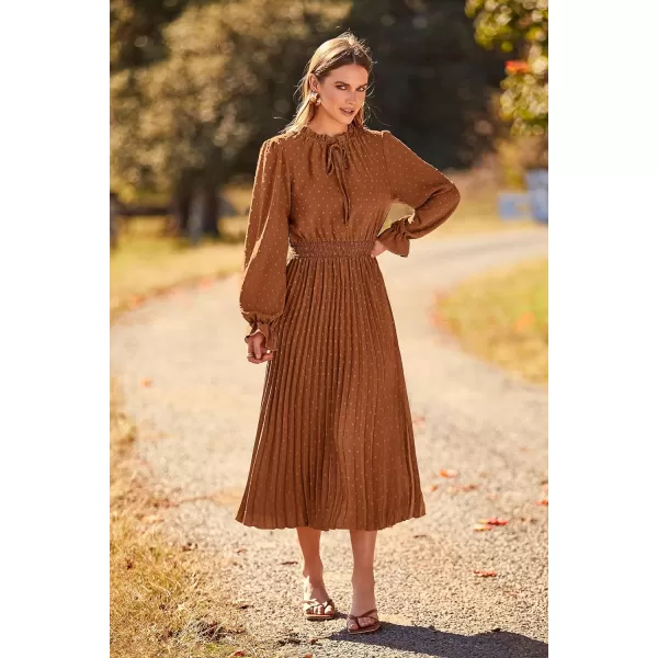 imagePRETTYGARDEN Womens 2023 Fall Midi Dress Casual Long Sleeve V Neck Swiss Dot Pleated A Line Flowy DressesBrown