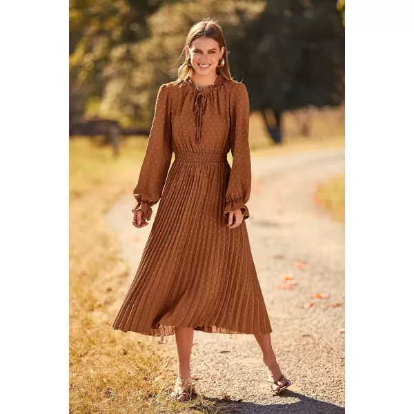 imagePRETTYGARDEN Womens 2023 Fall Midi Dress Casual Long Sleeve V Neck Swiss Dot Pleated A Line Flowy DressesBrown