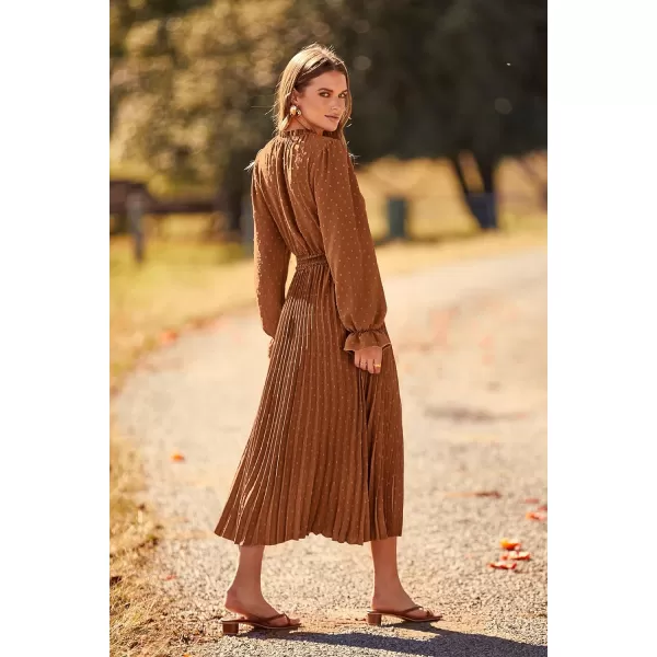 imagePRETTYGARDEN Womens 2023 Fall Midi Dress Casual Long Sleeve V Neck Swiss Dot Pleated A Line Flowy DressesBrown