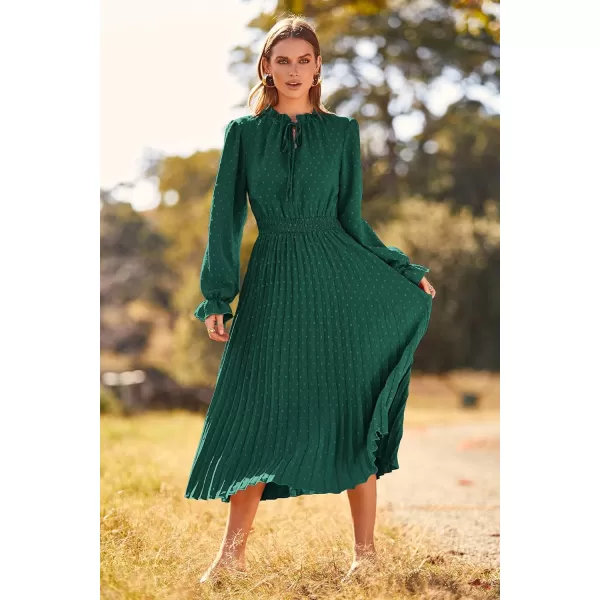 imagePRETTYGARDEN Womens 2023 Fall Midi Dress Casual Long Sleeve V Neck Swiss Dot Pleated A Line Flowy DressesDark Green