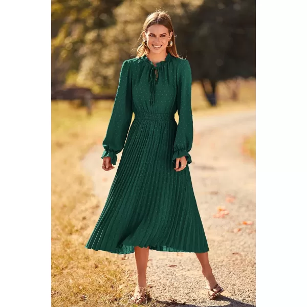 imagePRETTYGARDEN Womens 2023 Fall Midi Dress Casual Long Sleeve V Neck Swiss Dot Pleated A Line Flowy DressesDark Green