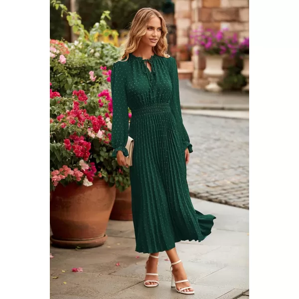 imagePRETTYGARDEN Womens 2023 Fall Midi Dress Casual Long Sleeve V Neck Swiss Dot Pleated A Line Flowy DressesDark Green