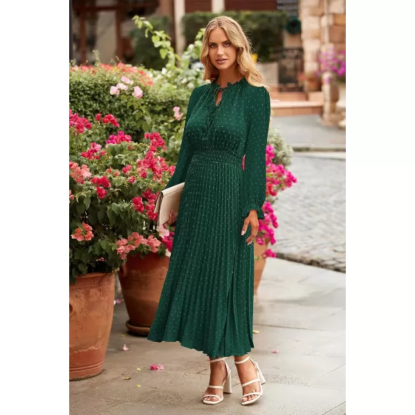 imagePRETTYGARDEN Womens 2023 Fall Midi Dress Casual Long Sleeve V Neck Swiss Dot Pleated A Line Flowy DressesDark Green