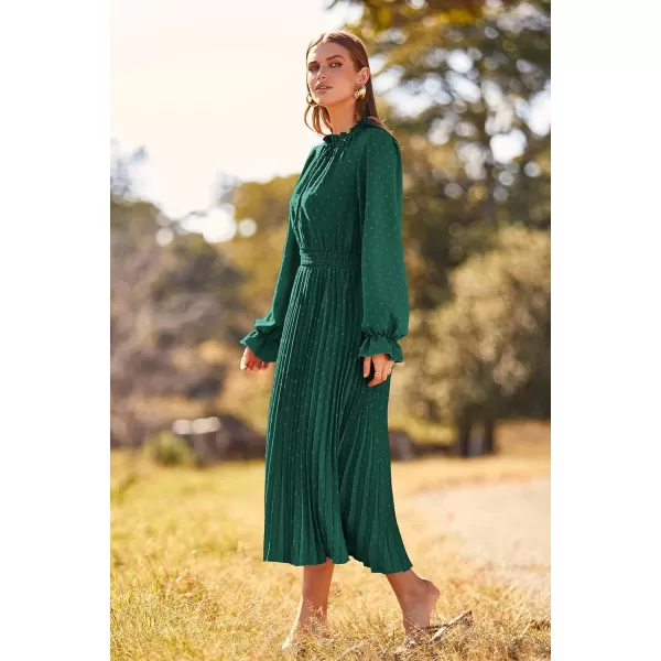 imagePRETTYGARDEN Womens 2023 Fall Midi Dress Casual Long Sleeve V Neck Swiss Dot Pleated A Line Flowy DressesDark Green