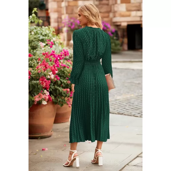 imagePRETTYGARDEN Womens 2023 Fall Midi Dress Casual Long Sleeve V Neck Swiss Dot Pleated A Line Flowy DressesDark Green