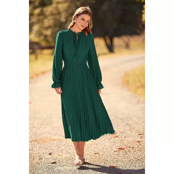 imagePRETTYGARDEN Womens 2023 Fall Midi Dress Casual Long Sleeve V Neck Swiss Dot Pleated A Line Flowy DressesDark Green