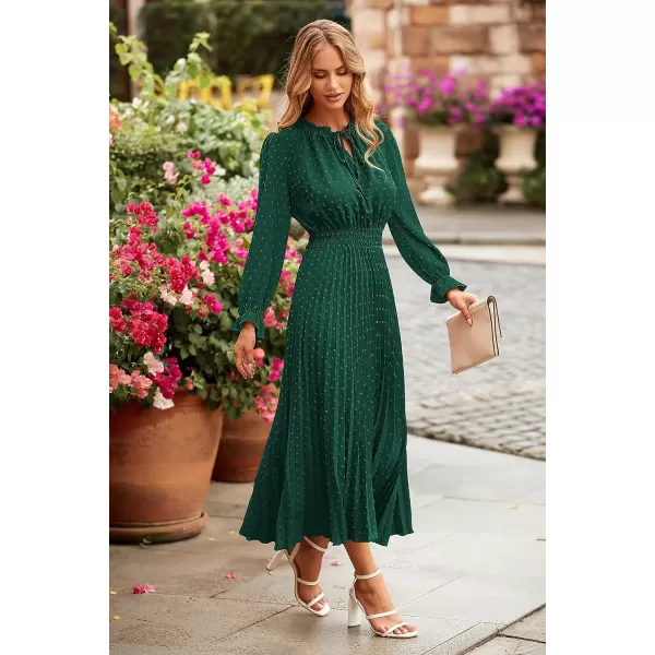 imagePRETTYGARDEN Womens 2023 Fall Midi Dress Casual Long Sleeve V Neck Swiss Dot Pleated A Line Flowy DressesDark Green