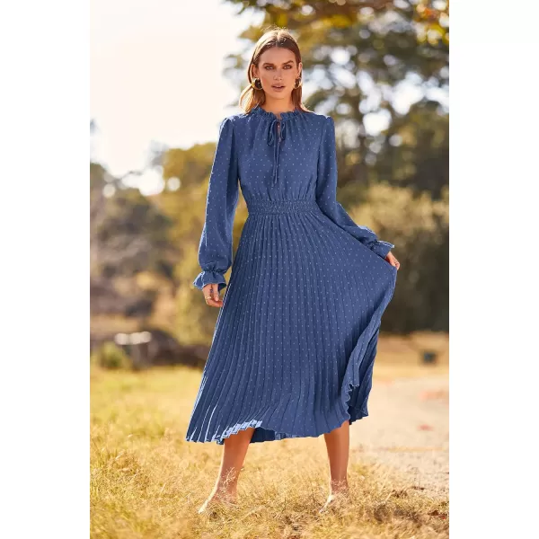 imagePRETTYGARDEN Womens 2023 Fall Midi Dress Casual Long Sleeve V Neck Swiss Dot Pleated A Line Flowy DressesGrey Blue