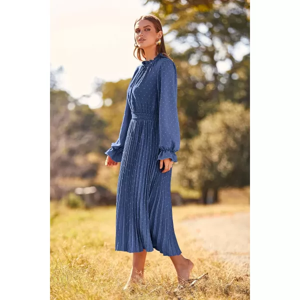 imagePRETTYGARDEN Womens 2023 Fall Midi Dress Casual Long Sleeve V Neck Swiss Dot Pleated A Line Flowy DressesGrey Blue