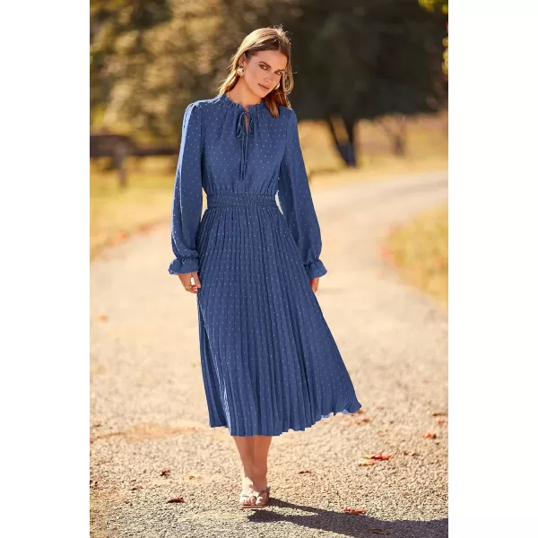 imagePRETTYGARDEN Womens 2023 Fall Midi Dress Casual Long Sleeve V Neck Swiss Dot Pleated A Line Flowy DressesGrey Blue