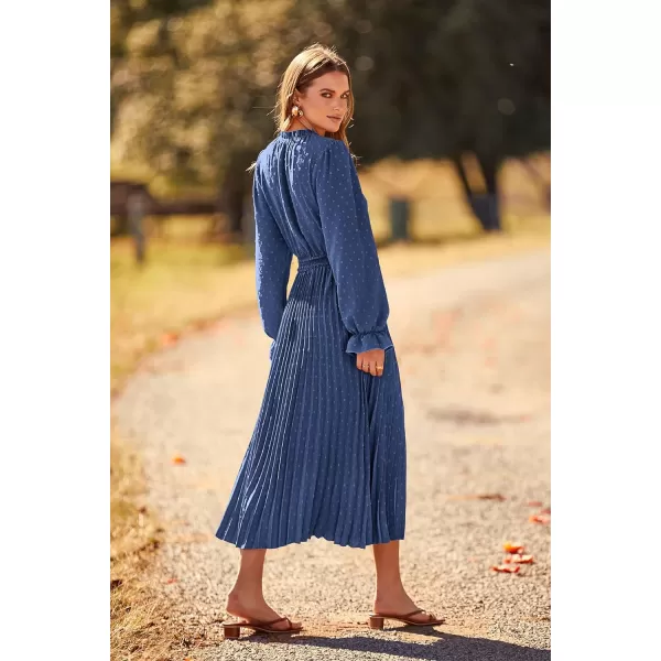 imagePRETTYGARDEN Womens 2023 Fall Midi Dress Casual Long Sleeve V Neck Swiss Dot Pleated A Line Flowy DressesGrey Blue