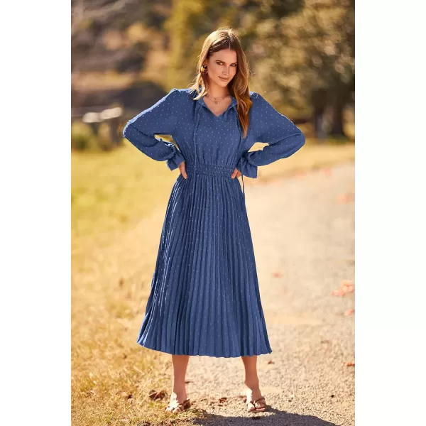 imagePRETTYGARDEN Womens 2023 Fall Midi Dress Casual Long Sleeve V Neck Swiss Dot Pleated A Line Flowy DressesGrey Blue