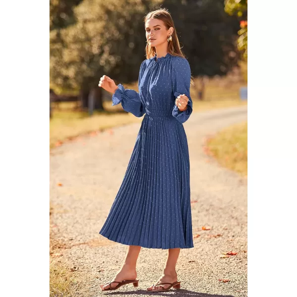 imagePRETTYGARDEN Womens 2023 Fall Midi Dress Casual Long Sleeve V Neck Swiss Dot Pleated A Line Flowy DressesGrey Blue
