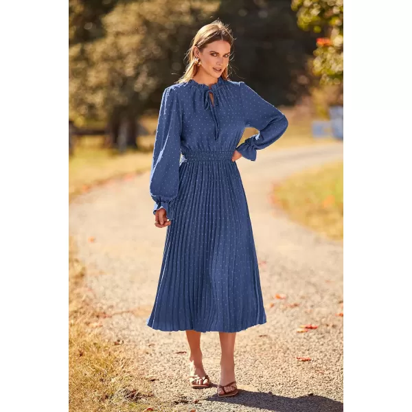 imagePRETTYGARDEN Womens 2023 Fall Midi Dress Casual Long Sleeve V Neck Swiss Dot Pleated A Line Flowy DressesGrey Blue