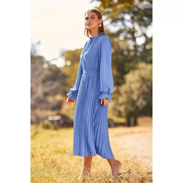 imagePRETTYGARDEN Womens 2023 Fall Midi Dress Casual Long Sleeve V Neck Swiss Dot Pleated A Line Flowy DressesLight Blue