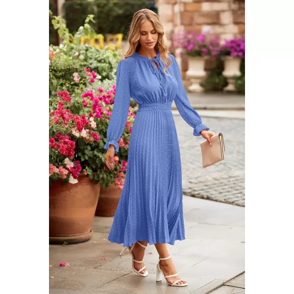 imagePRETTYGARDEN Womens 2023 Fall Midi Dress Casual Long Sleeve V Neck Swiss Dot Pleated A Line Flowy DressesLight Blue