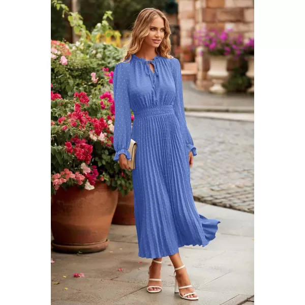 imagePRETTYGARDEN Womens 2023 Fall Midi Dress Casual Long Sleeve V Neck Swiss Dot Pleated A Line Flowy DressesLight Blue