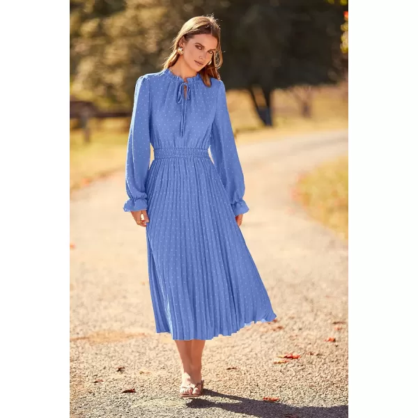 imagePRETTYGARDEN Womens 2023 Fall Midi Dress Casual Long Sleeve V Neck Swiss Dot Pleated A Line Flowy DressesLight Blue