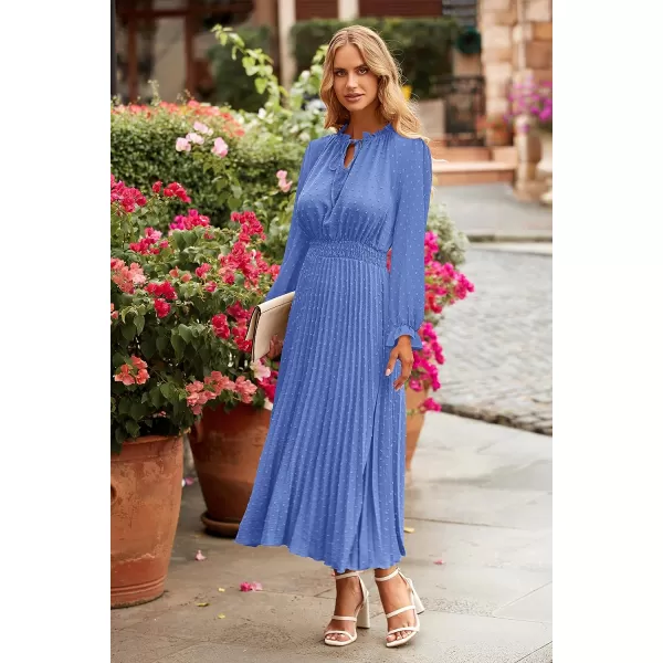imagePRETTYGARDEN Womens 2023 Fall Midi Dress Casual Long Sleeve V Neck Swiss Dot Pleated A Line Flowy DressesLight Blue