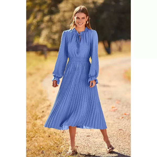 imagePRETTYGARDEN Womens 2023 Fall Midi Dress Casual Long Sleeve V Neck Swiss Dot Pleated A Line Flowy DressesLight Blue