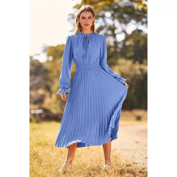 imagePRETTYGARDEN Womens 2023 Fall Midi Dress Casual Long Sleeve V Neck Swiss Dot Pleated A Line Flowy DressesLight Blue
