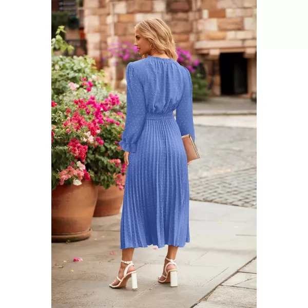 imagePRETTYGARDEN Womens 2023 Fall Midi Dress Casual Long Sleeve V Neck Swiss Dot Pleated A Line Flowy DressesLight Blue