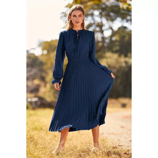 imagePRETTYGARDEN Womens 2023 Fall Midi Dress Casual Long Sleeve V Neck Swiss Dot Pleated A Line Flowy DressesNavy