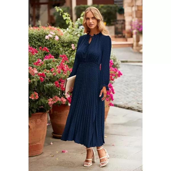 imagePRETTYGARDEN Womens 2023 Fall Midi Dress Casual Long Sleeve V Neck Swiss Dot Pleated A Line Flowy DressesNavy