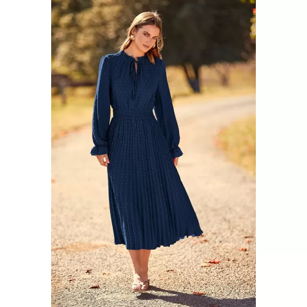 imagePRETTYGARDEN Womens 2023 Fall Midi Dress Casual Long Sleeve V Neck Swiss Dot Pleated A Line Flowy DressesNavy