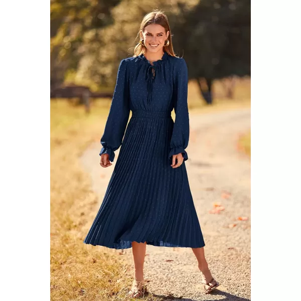 imagePRETTYGARDEN Womens 2023 Fall Midi Dress Casual Long Sleeve V Neck Swiss Dot Pleated A Line Flowy DressesNavy