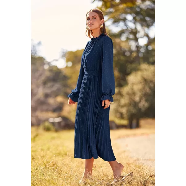 imagePRETTYGARDEN Womens 2023 Fall Midi Dress Casual Long Sleeve V Neck Swiss Dot Pleated A Line Flowy DressesNavy