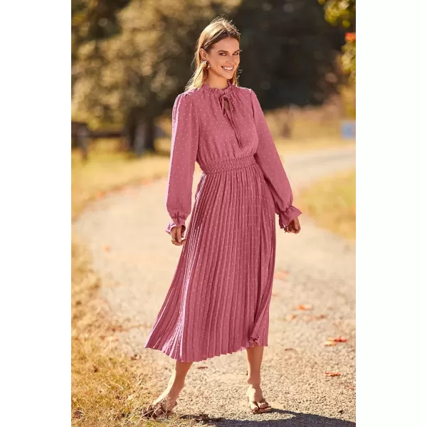 imagePRETTYGARDEN Womens 2023 Fall Midi Dress Casual Long Sleeve V Neck Swiss Dot Pleated A Line Flowy DressesPink