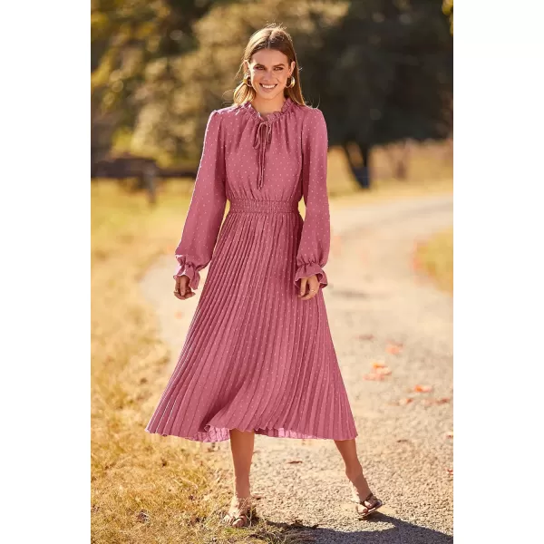 imagePRETTYGARDEN Womens 2023 Fall Midi Dress Casual Long Sleeve V Neck Swiss Dot Pleated A Line Flowy DressesPink