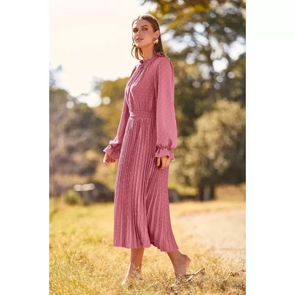 imagePRETTYGARDEN Womens 2023 Fall Midi Dress Casual Long Sleeve V Neck Swiss Dot Pleated A Line Flowy DressesPink