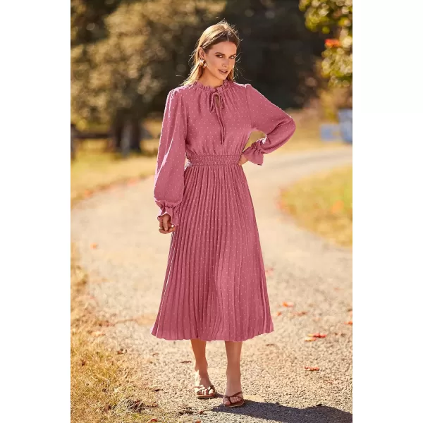 imagePRETTYGARDEN Womens 2023 Fall Midi Dress Casual Long Sleeve V Neck Swiss Dot Pleated A Line Flowy DressesPink