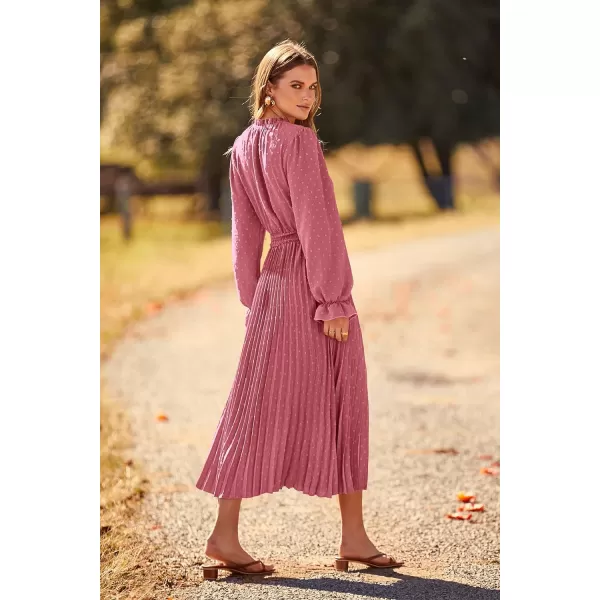 imagePRETTYGARDEN Womens 2023 Fall Midi Dress Casual Long Sleeve V Neck Swiss Dot Pleated A Line Flowy DressesPink