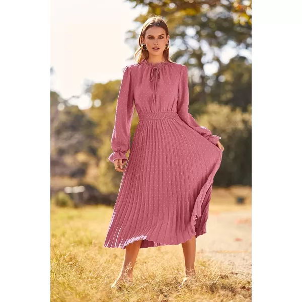 imagePRETTYGARDEN Womens 2023 Fall Midi Dress Casual Long Sleeve V Neck Swiss Dot Pleated A Line Flowy DressesPink