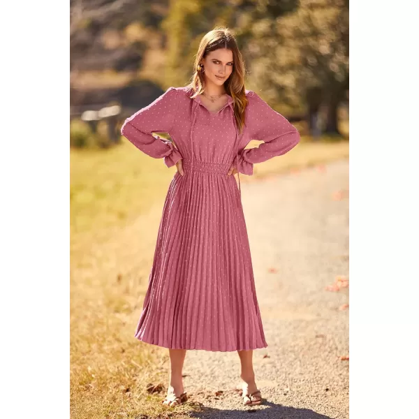 imagePRETTYGARDEN Womens 2023 Fall Midi Dress Casual Long Sleeve V Neck Swiss Dot Pleated A Line Flowy DressesPink