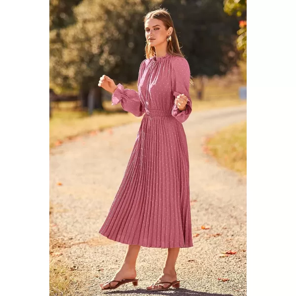 imagePRETTYGARDEN Womens 2023 Fall Midi Dress Casual Long Sleeve V Neck Swiss Dot Pleated A Line Flowy DressesPink