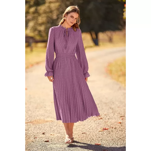 imagePRETTYGARDEN Womens 2023 Fall Midi Dress Casual Long Sleeve V Neck Swiss Dot Pleated A Line Flowy DressesPurple