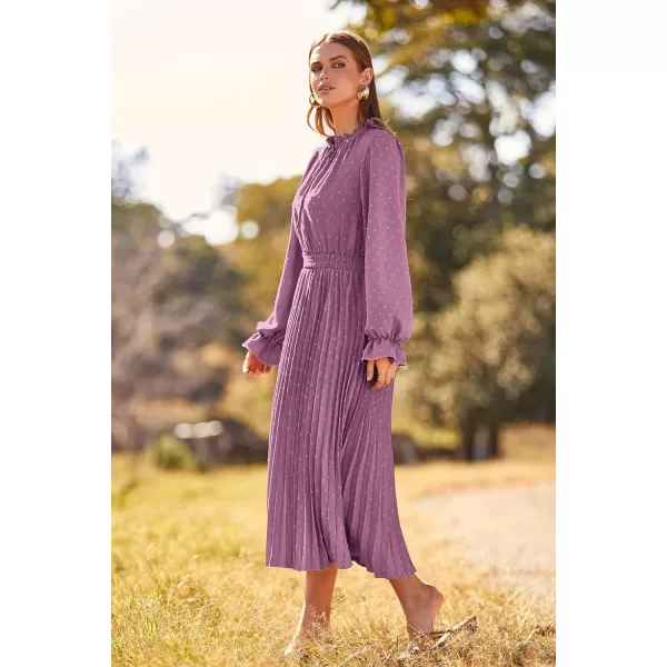 imagePRETTYGARDEN Womens 2023 Fall Midi Dress Casual Long Sleeve V Neck Swiss Dot Pleated A Line Flowy DressesPurple